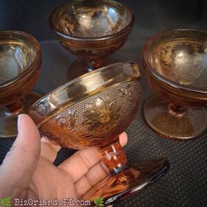 VINTAGE: Tiara Indiana Glass Sandwich Amber Low Sherbet Dessert Cups (Set of 4)